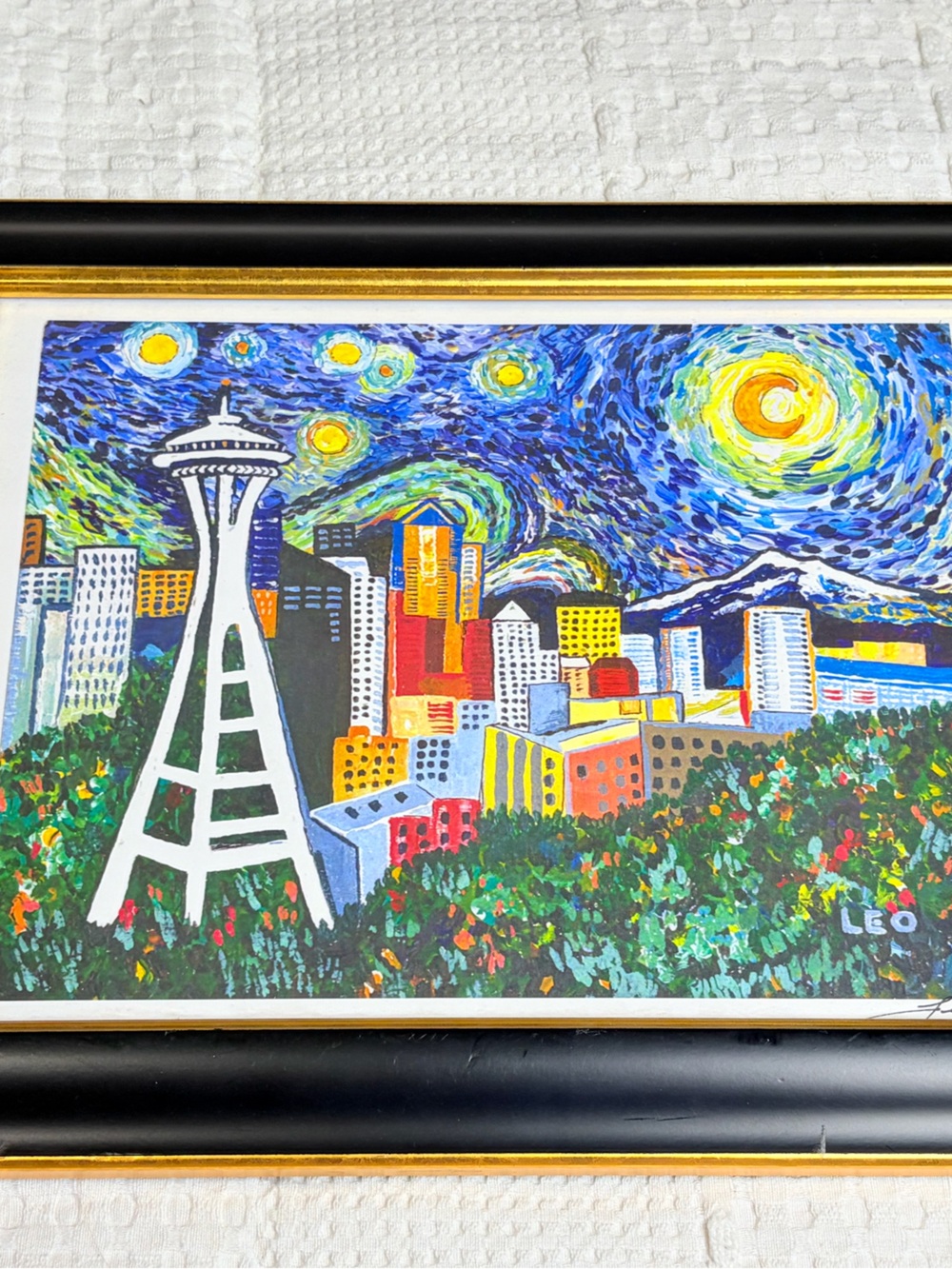 "Seattle Starry Night" — Space Needle Skyline Painting, Signed Leo